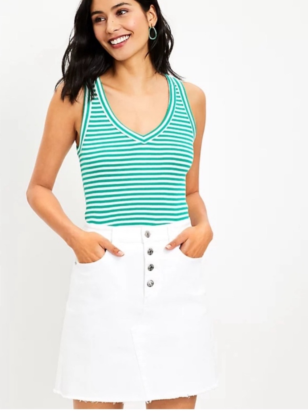LOFT Summer Festival Coastal White Denim Frayed Hem Button Fly Skirt 14